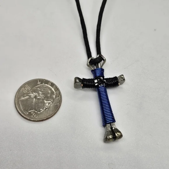black cord necklace with wire wrapped cross blue black silver tone - Picture 3 of 4